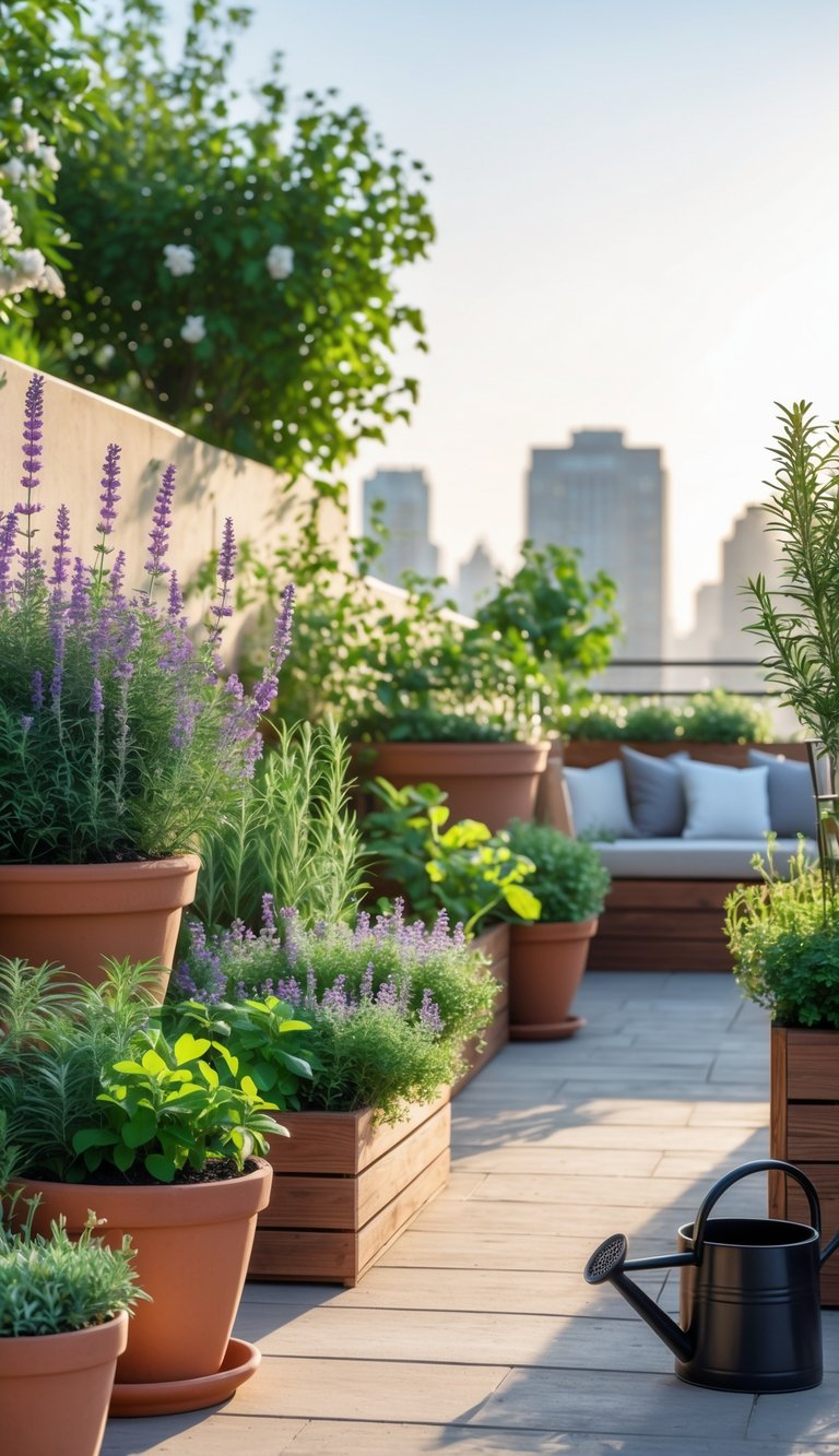 A sunlit terrace garden with various aromatic plants like lavender, rosemary, thyme, and mint growing in pots and planters, overlooking an urban skyline.